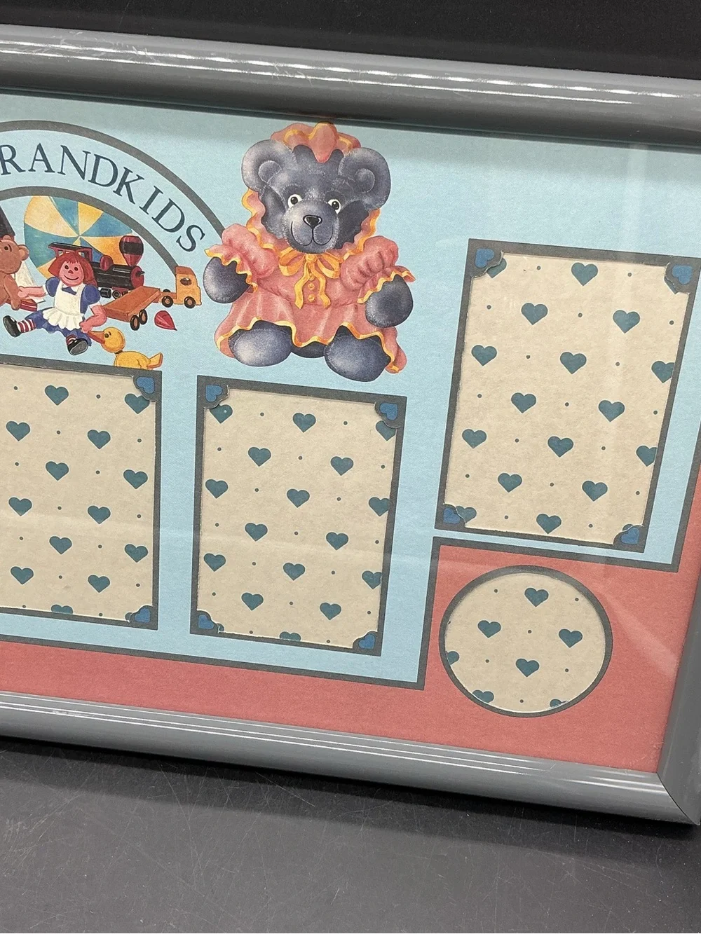 Vintage My Grandkids Photo Collage Frame with Blue and Pink Teddy Accents